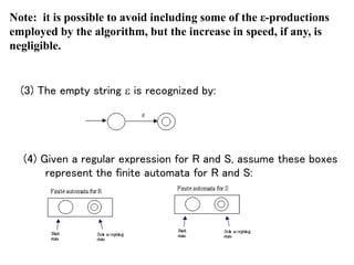 Note: it is possible to avoid including some of the ε-productions
employed by the algorithm, but the increase in speed, if any, is
negligible.
(3) The empty string e is recognized by:
(4) Given a regular expression for R and S, assume these boxes
represent the finite automata for R and S:
 
