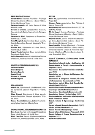 4
PANEL MULTIDISCIPLINARE
Corrado Barbui, Sezione di Psichiatria e Psicologia
Clinica, Dipartimento di Medicina e Sanità Pubblica,
Università di Verona, Verona
Salvatore Cappello, ASL Latina, Centro di Salute
Mentale, Aprilia
Giovanni de Girolamo, Agenzia Sanitaria Regionale,
Assessorato alla Salute, Regione Emilia Romagna,
Bologna
Salvatore De Masi, Dipartimento di Prevenzione,
Azienda USL6 Livorno
Anna Meneghelli, Dipartimento di Salute Mentale,
Azienda Ospedaliera, Ospedale Niguarda Ca’ Gran-
da, Milano
Giovanni Neri, Dipartimento di Salute Mentale,
Azienda USL di Modena
Angelo Picardi, Reparto di Salute Mentale, Istituto
Superiore di Sanità, Roma
Letizia Sampaolo, Reparto di Epidemiologia Clinica e
Linee Guida, Istituto Superiore di Sanità, Roma
GRUPPO DI STESURA DEL DOCUMENTO
Salvatore De Masi
Letizia Sampaolo
Salvatore Cappello
Angelo Picardi
Giovanni de Girolamo
Anna Meneghelli
COLLABORATORI
Andrea Alpi, Dipartimento di Salute Mentale, Azien-
da Ospedaliera, Ospedale Niguarda Ca’ Granda,
Milano
Silvia Grignani, Dipartimento di Salute Mentale,
Azienda Ospedaliera, Ospedale Niguarda Ca’ Gran-
da, Milano
Rosaria Rosanna Cammarano, Settore Documenta-
zione, Istituto Superiore di Sanità, Roma
GRUPPO DI FORMAZIONE PER L’ESTRAZIONE DATI
Enea Spada, Reparto di Epidemiologia Clinica e Linee
Guida, Istituto Superiore di Sanità, Roma
Maria Elena Tosti, Reparto di Epidemiologia Clinica
e Linee Guida, Istituto Superiore di Sanità, Roma
REFEREE
Mario Maj, Dipartimento di Psichiatria, Università di
Napoli SUN
Vincenzo Pastore, Associazione Cure Palliative di
Livorno, Onlus, A.C.P.
Michele Procacci, Centro Salute Mentale UOC XIX
DSM ASL Roma E
Mirella Ruggeri, Sezione di Psichiatria e Psicologia
Clinica, Dipartimento di Medicina e Sanità Pubblica,
Università di Verona, Verona
Michele Tansella, Sezione di Psichiatria e Psicolo-
gia Clinica, Dipartimento di Medicina e Sanità Pub-
blica, Università di Verona, Verona
Paolo Brambilla, Sezione di Psichiatria e Psicologia
Clinica, Dipartimento di Medicina e Sanità Pubblica,
Università di Verona; Cattedra di Psichiatria, Dipar-
timento di Patologia e Medicina Sperimentale e Cli-
nica, Università di Udine
SOCIETÀ SCIENTIFICHE, ASSOCIAZIONI E FORUM
CONSULTATI
Associazione Italiana di Analisi e Modificazione del
Comportamento e Terapia Comportamentale e
Cognitiva (AIAMC)
Associazione Italiana Interventi Precoci nelle Psi-
cosi (AIPP)
Associazione per la Riforma dell’Assistenza Psi-
chiatrica (ARAP)
Associazione di famigliari e volontari per l’aiuto
el’informazione nel disagio mentale (ASVAP)
Associazione pazienti Difesa degli Ammalati Psi-
chiatrici Gravi (DiAPsiGra)
Associazione Pazienti Unione Nazionale delle Asso-
ciazioni per la Salute Mentale (UNASAM)
Associazione Ricerche sulla Schizofrenia (ARS)
Associazione Unitaria Psicologi Italiani (AUPI)
Fondazione Italiana per lo studio della Schizofrenia
Forum per la salute mentale
Società Italiana di Epidemiologia Psichiatrica
(SIEP)
Società Italiana di NeuropsicoFarmacologia (SINPF)
Società Italiana di Psichiatria (SIP)
Società Italiana di Psicopatologia (SOPSI)
Società Italiana di Riabilitazione Psicosociale (SIRP)
Società Italiana di Terapia Comportamentale e
Cognitiva (SITCC)
Psichiatria Democratica
 