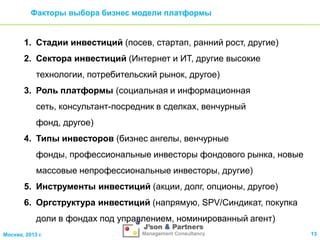 Факторы выбора бизнес модели платформы

1. Стадии инвестиций (посев, стартап, ранний рост, другие)
2. Сектора инвестиций (Интернет и ИТ, другие высокие
технологии, потребительский рынок, другое)
3. Роль платформы (социальная и информационная
сеть, консультант-посредник в сделках, венчурный

фонд, другое)
4. Типы инвесторов (бизнес ангелы, венчурные
фонды, профессиональные инвесторы фондового рынка, новые
массовые непрофессиональные инвесторы, другие)
5. Инструменты инвестиций (акции, долг, опционы, другое)
6. Оргструктура инвестиций (напрямую, SPV/Синдикат, покупка
доли в фондах под управлением, номинированный агент)
Москва, 2013 г.

13

 