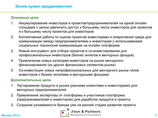 Зачем нужен краудинвестинг
Основные цели
1.

Аккумулирование инвесторов и проектов/предпринимателей на одной онлайн
площадке с целью увеличить доступ к большему числу инвесторов для проектов
и к большему числу проектов для инвесторов

2.

Коллективная работа по оценке проектов инвесторами и оперативная среда для
коммуникации между предпринимателями и инвесторам с использованием
социальных технологий коммуникации на онлайн платформе

3.

Новый инструмент для отбора проектов и со-инвестирования для
профессиональных инвесторов (бизнес ангелов и венчурных фондов)

4.

Привлечение новых категорий инвесторов на рынок венчурного
финансирования (из других финансовых сегментов рынка)

5.

Со-инвестиции новых непрофессиональных для венчурного рынка типов
инвесторов с бизнес ангелами и венчурными фондами

Дополнительные цели
1. Тестирование продукта и рынка (ранними клиентами и инвесторами) для
венчурных предпринимателей
2. Привлечение экспертизы от платформы и участников платформы
(предпринимателей и инвесторов) для доработки продукта и проекта
3. Создание узнаваемости бренда уже на ранней стадии развития проекта
Москва, 2013 г.

3

 