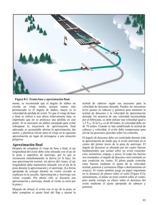93
Figura 8-1. Tramo base y aproximación final.
mente, se recomienda que el ángulo de alabeo no
exceda un viraje medio, porque cuanto más
pronunciado es el ángulo de alabeo, mayor es la
velocidad de pérdida de avión. Ya que el viraje de base
a final se realiza a una altura relativamente baja, es
importante que no se produzca una pérdida en este
punto. Si es necesario un alabeo escarpado para evitar
sobrepasar la trayectoria de aproximación final
adecuada, es aconsejable abortar la aproximación, dar
motor, y planificar iniciar antes el viraje en la siguiente
aproximación en lugar de arriesgarse a una situación
peligrosa.
Aproximación final
Después de completar el viraje de base a final, el eje
longitudinal del avión debe estar alineado con el eje de
la pista o superficie de aterrizaje, por lo que se
reconocerá inmediatamente la deriva (si la hay). En
una aproximación normal, sin deriva del viento, el eje
longitudinal debe mantenerse alineado con el eje de la
pista durante la aproximación y el aterrizaje. (La forma
apropiada de corregir durante un viento cruzado se
explicará en la sección, Aproximación y Aterrizaje con
viento cruzado. Por ahora, sólo se discutirá una
aproximación y aterrizaje, donde el viento es recto por
la pista.)
Después de alinear el avión con el eje de la pista, se
debe completar el ajuste final del flap y ajustar la
actitud de cabeceo según sea necesario para la
velocidad de descenso deseada. Pueden ser necesarios
leves ajustes en cabeceo y potencia para mantener la
actitud de descenso y la velocidad de aproximación
deseada. En ausencia de una velocidad recomendada
por el fabricante, se debe utilizar una velocidad igual a
1,3 VSO. Si la VSO es de 60 nudos, la velocidad debe ser
de 78 nudos. Cuando se han estabilizado la actitud de
cabeceo y velocidad, el avión debe compensarse para
aliviar las presiones ejercidas sobre los controles.
El ángulo de descenso debe ser controlado durante toda
la aproximación de modo que el avión aterrizará en el
centro del primer tercio de la pista de aterrizaje. El
ángulo de descenso es afectado por las cuatro fuerzas
fundamentales que actúan sobre un avión (sustenta-
ción, resistencia, empuje, y peso). Si todas las fuerzas
son constantes, el ángulo de descenso será constante en
una condición sin viento. El piloto puede controlar
estas fuerzas mediante el ajuste de la velocidad,
actitud, potencia y resistencia (flaps o deslizamiento en
avance). El viento también juega un papel importante
en la distancia de planeo sobre el suelo [Figura 8-2];
naturalmente, el piloto no tiene control sobre el viento,
pero puede corregir su efecto sobre el descenso del
avión mediante el ajuste apropiado de cabeceo y
potencia.
 