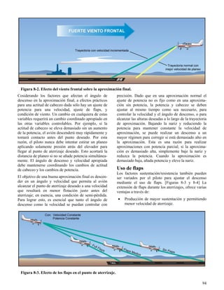 94
Figura 8-2. Efecto del viento frontal sobre la aproximación final.
Figura 8-3. Efecto de los flaps en el punto de aterrizaje.
Cosiderando los factores que afectan el ángulo de
descenso en la aproximación final, a efectos prácticos
para una actitud de cabeceo dada sólo hay un ajuste de
potencia para una velocidad, ajuste de flaps, y
condición de viento. Un cambio en cualquiera de estas
variables requerirá un cambio coordinado apropiado en
las otras variables controlables. Por ejemplo, si la
actitud de cabeceo se eleva demasiado sin un aumento
de la potencia, el avión descenderá muy rápidamente y
tomará contacto antes del punto deseado. Por esta
razón, el piloto nunca debe intentar estirar un planeo
aplicando solamente presión atrás del elevador para
llegar al punto de aterrizaje deseado. Esto acortará la
distancia de planeo si no se añade potencia simultánea-
mente. El ángulo de descenso y velocidad apropiada
debe mantenerse coordinando los cambios de actitud
de cabeceo y los cambios de potencia.
El objetivo de una buena aproximación final es descen-
der en un ángulo y velocidad que permita al avión
alcanzar el punto de aterrizaje deseado a una velocidad
que resultará en menor flotación justo antes del
aterrizaje; en esencia, una condición de semi-pérdida.
Para lograr esto, es esencial que tanto el ángulo de
descenso como la velocidad se puedan controlar con
precisión. Dado que en una aproximación normal el
ajuste de potencia no es fijo como en una aproxima-
ción sin potencia, la potencia y cabeceo se deben
ajustar al mismo tiempo como sea necesario, para
controlar la velocidad y el ángulo de descenso, o para
alcanzar las alturas deseadas a lo largo de la trayectoria
de aproximación. Bajando la nariz y reduciendo la
potencia para mantener constante la velocidad de
aproximación, se puede realizar un descenso a un
mayor régimen para corregir si está demasiado alto en
la aproximación. Esta es una razón para realizar
aproximaciones con potencia parcial; si la aproxima-
ción es demasiado alta, simplemente baje la nariz y
reduzca la potencia. Cuando la aproximación es
demasiado baja, añada potencia y eleve la nariz.
Uso de flaps
Los factores sustentación/resistencia también pueden
ser variados por el piloto para ajustar el descenso
mediante el uso de flaps. [Figuras 8-3 y 8-4] La
extensión de flaps durante los aterrizajes, ofrece varias
ventajas a través de:
 Producción de mayor sustentación y permitiendo
menor velocidad de aterrizaje.
 
