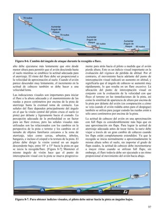 97
Figura 8-6. Cambio del ángulo de ataque durante la recogida o flare.
Figura 8-7. Para obtener indicios visuales, el piloto debe mirar hacia la pista en ángulos bajos.
alto debe ejecutarse más lentamente que otro desde
menor altura para permitir que el avión descienda hasta
el suelo mientras se establece la actitud adecuada para
el aterrizaje. El ritmo del flare debe ser proporcional a
la velocidad de aproximación al suelo. Cuando el avión
parece descender muy lentamente, el incremento en la
actitud de cabeceo también se debe hacer a una
velocidad lenta.
Las indicaciones visuales son importantes para iniciar
el flare a la altura adecuada y el mantenimiento de las
ruedas a pocos centímetros por encima de la pista de
aterrizaje hasta la eventual toma de contacto. Las
señales del flare dependen principalmente del ángulo
en el que la visión central del piloto cruza el suelo (o
pista) por delante y ligeramente hacia el costado. La
percepción adecuada de la profundidad es un factor
para un flare exitoso, pero las señales visuales más
utilizadas son las relacionados con los cambios en la
perspectiva de la pista o terreno y los cambios en el
tamaño de objetos familiares cercanos a la zona de
aterrizaje, tales como cercas, arbustos, árboles,
hangares, e incluso el césped o la textura de la pista. El
piloto debe dirigir la visión central en un ángulo
descendente bajo, entre 10° a 15° hacia la pista en que
se inicia la recogida/flare. [Figura 8-7] Mantener el
mismo ángulo de visión hace que el punto de
interceptación visual con la pista se mueva progresiva-
mente para atrás hacia el piloto a medida que el avión
pierde altura. Esto es un indicio visual importante en la
evaluación del régimen de pérdida de altitud. Por el
contrario, el movimiento hacia adelante del punto de
interceptación visual indicará un aumento en altitud, y
significaría que el ángulo de cabeceo se aumentó muy
rápidamente, lo que resulta en un flare excesivo. La
ubicación del punto de interceptación visual en
conjunto con la evaluación de la velocidad con que
fluye el terreno en las inmediaciones de la pista, así
como la similitud de apariencia de altura por encima de
la pista por delante del avión (en comparación a cómo
se veía cuando el avión rodaba antes para el despegue)
también se utiliza para juzgar cuándo las ruedas están a
sólo unos centímetros por encima de la pista.
La actitud de cabeceo del avión en una aproximación
con full flaps es considerablemente más baja que en
una aproximación sin flaps. Para lograr la actitud de
aterrizaje adecuada antes de tocar tierra, la nariz debe
viajar a través de un gran cambio de cabeceo cuando
los flaps están completamente extendidos. Ya que la
recogida se inicia normalmente a aproximadamente la
misma altura sobre el suelo, sin importar el grado de
flaps usados, la actitud de cabeceo debe incrementarse
a mayor ritmo cuando se utilizan full flaps; sin
embargo, el flare todavía debe ser ejecutado a un ritmo
proporcional al movimiento del avión hacia abajo.
 