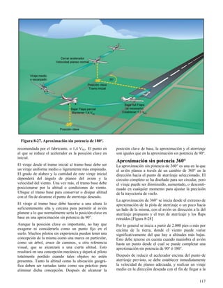 117
Figura 8-27. Aproximación sin potencia de 180°.
recomendada por el fabricante, o 1,4 VSO. El punto en
el que se reduce el acelerador es la posición clave en
inicial.
El viraje desde el tramo inicial al tramo base debe ser
un viraje uniforme medio o ligeramente más empinado.
El grado de alabeo y la cantidad de este viraje inicial
dependerá del ángulo de planeo del avión y la
velocidad del viento. Una vez más, el tramo base debe
posicionarse por la altitud o condiciones de viento.
Ubique el tramo base para conservar o disipar altitud
con el fin de alcanzar el punto de aterrizaje deseado.
El viraje al tramo base debe hacerse a una altura lo
suficientemente alta y cercana para permitir al avión
planear a lo que normalmente sería la posición clave en
base en una aproximación sin potencia de 90°.
Aunque la posición clave es importante, no hay que
exagerar ni considerarla como un punto fijo en el
suelo. Muchos pilotos sin experiencia pueden tener una
concepción de la misma como una marca en particular,
como un árbol, cruce de caminos, u otra referencia
visual, que se alcanzará a una cierta altitud. Esto
resultará en una concepción mecánica y dejará al piloto
totalmente perdido cuando tales objetos no estén
presentes. Tanto la altitud como la ubicación geográ-
fica deben ser variadas tanto como sea práctico para
eliminar dicha concepción. Después de alcanzar la
posición clave de base, la aproximación y el aterrizaje
son iguales que en la aproximación sin potencia de 90°.
Aproximación sin potencia 360°
La aproximación sin potencia de 360° es una en la que
el avión planea a través de un cambio de 360° en la
dirección hacia el punto de aterrizaje seleccionado. El
circuito completo se ha diseñado para ser circular, pero
el viraje puede ser disminuido, aumentado, o desconti-
nuado en cualquier momento para ajustar la precisión
de la trayectoria de vuelo.
La aproximación de 360° se inicia desde el extremo de
aproximación de la pista de aterrizaje o un poco hacia
un lado de la misma, con el avión en dirección a la del
aterrizaje propuesto y el tren de aterrizaje y los flaps
retraídos.[Figura 8-28]
Por lo general se inicia a partir de 2.000 pies o más por
encima de la tierra, donde el viento puede variar
significativamente del que hay a altitudes más bajas.
Esto debe tenerse en cuenta cuando maniobra el avión
hasta un punto desde el cual se puede completar una
aproximación sin potencia de 90° ó 180°.
Después de reducir el acelerador encima del punto de
aterrizaje previsto, se debe establecer inmediatamente
la velocidad de planeo adecuada, y realizar un viraje
medio en la dirección deseada con el fin de llegar a la
 