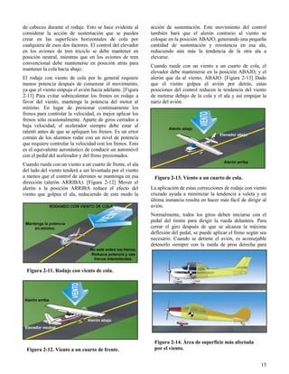 15
Figura 2-11. Rodaje con viento de cola.
Figura 2-12. Viento a un cuarto de frente.
Figura 2-13. Viento a un cuarto de cola.
Figura 2-14. Área de superficie más afectada
por el viento.
de cabeceo durante el rodaje. Esto se hace evidente al
considerar la acción de sustentación que se pueden
crear en las superficies horizontales de cola por
cualquiera de esos dos factores. El control del elevador
en los aviones de tren triciclo se debe mantener en
posición neutral, mientras que en los aviones de tren
convencional debe mantenerse en posición atrás para
mantener la cola hacia abajo.
El rodaje con viento de cola por lo general requiere
menos potencia después de comenzar el movimiento,
ya que el viento empuja el avión hacia adelante. [Figura
2-11] Para evitar sobrecalentar los frenos en rodaje a
favor del viento, mantenga la potencia del motor al
mínimo. En lugar de presionar continuamente los
frenos para controlar la velocidad, es mejor aplicar los
frenos sólo ocasionalmente. Aparte de giros cerrados a
baja velocidad, el acelerador siempre debe estar al
ralentí antes de que se apliquen los frenos. Es un error
común de los alumnos rodar con un nivel de potencia
que requiere controlar la velocidad con los frenos. Esto
es el equivalente aeronáutico de conducir un automóvil
con el pedal del acelerador y del freno presionados.
Cuando rueda con un viento a un cuarto de frente, el ala
del lado del viento tenderá a ser levantada por el viento
a menos que el control de alerones se mantenga en esa
dirección (alerón ARRIBA). [Figura 2-12] Mover el
alerón a la posición ARRIBA reduce el efecto del
viento que golpea el ala, reduciendo de este modo la
acción de sustentación. Este movimiento del control
también hará que el alerón contrario al viento se
coloque en la posición ABAJO, generando una pequeña
cantidad de sustentación y resistencia en esa ala,
reduciendo aún más la tendencia de la otra ala a
elevarse.
Cuando ruede con un viento a un cuarto de cola, el
elevador debe mantenerse en la posición ABAJO, y el
alerón que da al viento, ABAJO. [Figura 2-13] Dado
que el viento golpea el avión por detrás, estas
posiciones del control reducen la tendencia del viento
de meterse debajo de la cola y el ala y así empujar la
nariz del avión.
La aplicación de estas correcciones de rodaje con viento
cruzado ayuda a minimizar la tendencia a veleta y en
última instancia resulta en hacer más fácil de dirigir al
avión.
Normalmente, todos los giros deben iniciarse con el
pedal del timón para dirigir la rueda delantera. Para
cerrar el giro después de que se alcanza la máxima
deflexión del pedal, se puede aplicar el freno según sea
necesario. Cuando se detiene el avión, es aconsejable
detenerlo siempre con la rueda de proa derecha para
 