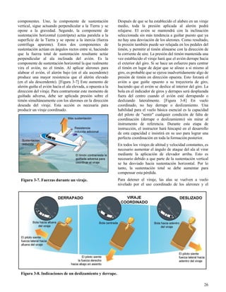 26
Figura 3-7. Fuerzas durante un viraje.
Figura 3-8. Indicaciones de un deslizamiento y derrape.
componentes. Uno, la componente de sustentación
vertical, sigue actuando perpendicular a la Tierra y se
opone a la gravedad. Segundo, la componente de
sustentación horizontal (centrípeta) actúa paralela a la
superficie de la Tierra y se opone a la inercia (fuerza
centrífuga aparente). Estos dos componentes de
sustentación actúan en ángulos rectos entre sí, haciendo
que la fuerza total de sustentación resultante actúe
perpendicular al ala inclinada del avión. Es la
componente de sustentación horizontal la que realmente
vira el avión, no el timón. Al aplicar alerones para
alabear el avión, el alerón bajo (en el ala ascendente)
produce una mayor resistencia que el alerón elevado
(en el ala descendente). [Figura 3-7] Este aumento de
alerón guiña el avión hacia el ala elevada, u opuesta a la
dirección del viraje. Para contrarrestar este momento de
guiñada adversa, debe ser aplicada presión sobre el
timón simultáneamente con los alerones en la dirección
deseada del viraje. Esta acción es necesaria para
producir un viraje coordinado.
Después de que se ha establecido el alabeo en un viraje
medio, toda la presión aplicada al alerón podrá
relajarse. El avión se mantendrá con la inclinación
seleccionada sin más tendencia a guiñar puesto que ya
no hay una desviación de los alerones. Como resultado,
la presión también puede ser relajada en los pedales del
timón, y permitir al timón alinearse con la dirección de
la corriente de aire. La presión del timón mantenida una
vez establecido el viraje hará que el avión derrape hacia
el exterior del giro. Si se hace un esfuerzo para centrar
el timón en lugar de dejar que se alinee a sí mismo al
giro, es probable que se ejerza inadvertidamente algo de
presión de timón en dirección opuesta. Esto forzará el
avión a que guiñe opuesto a su trayectoria de giro,
haciendo que el avión se deslice al interior del giro. La
bola en el indicador de giros y derrapes será desplazada
fuera del centro cuando el avión esté derrapando o
deslizando lateralmente. [Figura 3-8] En vuelo
coordinado, no hay derrape o deslizamiento. Una
habilidad para el vuelo básica esencial es la capacidad
del piloto de "sentir" cualquier condición de falta de
coordinación (derrape o deslizamiento) sin mirar al
instrumento de referencia. Durante esta etapa de
instrucción, el instructor hará hincapié en el desarrollo
de esta capacidad e insistirá en su uso para lograr una
perfecta coordinación en toda la formación posterior.
En todos los virajes de altitud y velocidad constantes, es
necesario aumentar el ángulo de ataque del ala al virar
mediante la aplicación de elevador arriba. Esto es
necesario debido a que parte de la sustentación vertical
se ha desviado hacia sustentación horizontal. Por lo
tanto, la sustentación total se debe aumentar para
compensar esta pérdida.
Para detener el viraje, las alas se vuelven a vuelo
nivelado por el uso coordinado de los alerones y el
 