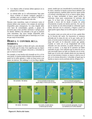 71
Figura 6-1. Deriva del viento.
 Los objetos sobre el terreno deben aparecer en su
proporción y tamaño.
 La altitud debe ser lo suficientemente baja para
hacer evidente al alumno cualquier ganancia o
pérdida, pero en ningún caso inferior a 500 pies
por encima de la obstrucción más alta.
Durante estas maniobras, tanto el instructor como el
alumno deben estar atentos a los campos de aterrizaje
disponibles para emergencias. La zona elegida debe
estar lejos de comunidades, ganado, o grupos de
personas para evitar posibles molestias o peligro para
los demás. Debido a las altitudes a las que se realizan
estas maniobras, hay poco tiempo disponible para
buscar un campo adecuado para el aterrizaje en el caso
de que surja la necesidad.
DERIVA Y CONTROL DE LA
DERROTA
Siempre que un objeto se libera del suelo, está afectado
por el medio que lo rodea. Esto significa que un objeto
libre se moverá en cualquier dirección y velocidad en
que se mueva el medio.
Por ejemplo, si una lancha está cruzando un río y el río
está quieto, la lancha podría dirigirse directamente a un
punto en la orilla opuesta y viajar en línea recta a ese
punto sin derivar. Sin embargo, si el río fluye rápida-
mente, tendrá que ser considerada la corriente de agua.
Es decir, mientras la lancha avanza hacia adelante con
su propia potencia, también debe moverse aguas arriba
a la misma velocidad que el río se mueve aguas abajo.
Esto se logra inclinando el barco aguas arriba lo
suficiente como para contrarrestar la corriente del
agua. Si se hace esto, el barco seguirá la derrota
deseada a través del río desde el punto de salida
directamente al punto de destino previsto. En caso de
que la lancha no esté direccionada lo suficiente aguas
arriba, derivará con la corriente y llegará a tierra en
algún punto aguas abajo en la orilla opuesta. [Figura 6-
1]
Tan pronto como un avión está en el aire, queda libre
de la fricción del suelo. Su trayectoria es entonces
afectada por la masa de aire en la que vuela; por lo
tanto, el avión (como la lancha) no siempre viajará a lo
largo del suelo en la dirección exacta que apunta.
Cuando se vuela con el eje longitudinal del avión
alineado con una carretera, se puede observar que el
avión se acerca o se aleja de la carretera sin haber
realizado un giro. Esto indicaría que la masa de aire se
está moviendo hacia un lado en relación con el avión.
Dado que el avión está volando dentro de esta masa de
aire en movimiento (viento), se mueve o deriva con el
aire en la misma dirección y velocidad, al igual que la
lancha se mueve con la corriente del río. [Figura 6-1]
 
