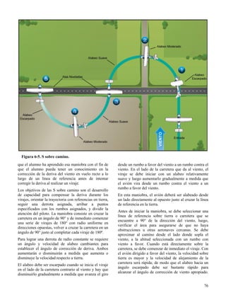 76
Figura 6-5. S sobre camino.
que el alumno ha aprendido esa maniobra con el fin de
que el alumno pueda tener un conocimiento en la
corrección de la deriva del viento en vuelo recto a lo
largo de un línea de referencia antes de intentar
corregir la deriva al realizar un viraje.
Los objetivos de las S sobre camino son el desarrollo
de capacidad para compensar la deriva durante los
virajes, orientar la trayectoria con referencias en tierra,
seguir una derrota asignada, arribar a puntos
especificados con los rumbos asignados, y dividir la
atención del piloto. La maniobra consiste en cruzar la
carretera en un ángulo de 90° y de inmediato comenzar
una serie de virajes de 180° con radio uniforme en
direcciones opuestas, volver a cruzar la carretera en un
ángulo de 90° justo al completar cada viraje de 180º.
Para lograr una derrota de radio constante se requiere
un ángulo y velocidad de alabeo cambiantes para
establecer el ángulo de corrección de deriva. Ambos
aumentarán o disminuirán a medida que aumenta o
disminuye la velocidad respecto a tierra.
El alabeo debe ser escarpado cuando se inicia el viraje
en el lado de la carretera contrario al viento y hay que
disminuirlo gradualmente a medida que avanza el giro
desde un rumbo a favor del viento a un rumbo contra el
viento. En el lado de la carretera que da al viento, el
viraje se debe iniciar con un alabeo relativamente
suave y luego aumentarlo gradualmente a medida que
el avión vira desde un rumbo contra el viento a un
rumbo a favor del viento.
En esta maniobra, el avión deberá ser alabeado desde
un lado directamente al opuesto justo al cruzar la línea
de referencia en la tierra.
Antes de iniciar la maniobra, se debe seleccionar una
línea de referencia sobre tierra o carretera que se
encuentre a 90° de la dirección del viento, luego,
verificar el área para asegurarse de que no haya
obstrucciones u otras aeronaves cercanas. Se debe
aproximar al camino desde el lado donde sopla el
viento, a la altitud seleccionada con un rumbo con
viento a favor. Cuando está directamente sobre la
carretera, se debe comenzar de inmediato el viraje. Con
el avión dirigido a favor del viento, la velocidad sobre
tierra es mayor y la velocidad de alejamiento de la
carretera será rápida; de modo que el alabeo hacia un
ángulo escarpado debe ser bastante rápido para
alcanzar el ángulo de corrección de viento apropiado.
 