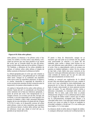 83
Figura 6-10. Ocho sobre pilones.
sobre pilones, la distancia a los pilones varía si hay
viento. En cambio, el avión vuela a una altitud y velo-
cidad tan precisa que una línea paralela al eje lateral
del avión, que se extiende desde los ojos del piloto,
parece pivotar sobre cada uno de los pilones. [Figura 6-
10] También, a diferencia de los ochos alrededor de
pilones, al realizar ochos sobre pilones el ángulo de
alabeo aumenta al disminuir la distancia al pilón.
La altitud apropiada para el avión que está volando se
llama altitud pivotal y está gobernada por la velocidad
sobre tierra. Aunque no es realmente una maniobra
sobre tierra como las maniobras anteriores, el objetivo
es similar, desarrollar la capacidad de maniobrar el
avión con precisión mientras divide la atención entre la
trayectoria y los puntos seleccionados en tierra.
Al explicar el desarrollo de los ochos sobre pilones, el
término "punta del ala" es considerado con frecuencia
como sinónimo de la línea de referencia apropiada, o
punto de pivote del avión. Esta interpretación no es
siempre correcta. Los aviones con ala alta, ala baja, ala
en flecha, o con alas trapezoidal, así como aquellos con
asientos en tándem o lado a lado, presentan diferentes
ángulos de los ojos del piloto a la punta del ala. [Figura
6-11] Por lo tanto, en el desarrollo correcto de ochos
sobre pilones, como en otras maniobras que requieren
una referencia lateral, el piloto debe utilizar una línea
de referencia visual que, desde el nivel del ojo, es
paralela al eje lateral del avión.
El punto o línea de observación, aunque no es
necesario que esté justo en el extremo del ala, puede
estar posicionado en relación a la punta del ala
(adelante, atrás, arriba, o abajo), pero incluso en ese
caso será diferente para cada piloto, y cada asiento en
el avión. Esto es especialmente cierto en aviones con
asientos en tándem (adelante y atrás). En los aviones
de tipo lado a lado, habrá muy poca variación en las
líneas de visión para diferentes personas si las personas
están sentadas de manera que los ojos de cada uno
estén aproximadamente al mismo nivel.
También es esencial una explicación de la altitud
pivotal. Hay una altitud específica en la que, cuando el
avión vira a una velocidad en tierra determinada, una
proyección de la línea de referencia de observación
hasta el punto seleccionado en tierra parecerá pivotar
sobre ese punto. Ya que diferentes aviones vuelan a
diferentes velocidades, la velocidad sobre tierra será
diferente. Por lo tanto, cada avión tiene su propia
altitud pivotal. [Figura 6-12] La altitud pivotal no varía
con el ángulo de alabeo usado a menos que el alabeo
sea lo suficientemente escarpado para afectar a la
velocidad sobre tierra. Una regla para estimar la altitud
pivotal con viento en calma es elevar al cuadrado la
velocidad verdadera y dividir por 15 si son millas por
hora (mph) o 11,3 si son nudos.
La distancia desde el pilón afecta el ángulo de alabeo.
A cualquier altitud por encima de la altitud pivotal, la
 