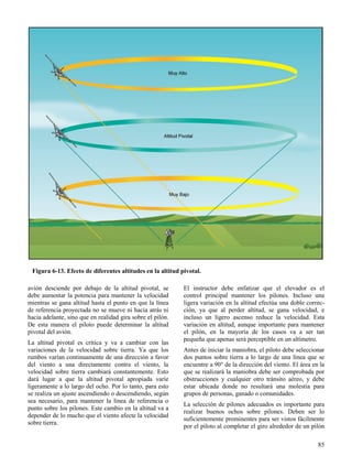 85
Figura 6-13. Efecto de diferentes altitudes en la altitud pivotal.
avión desciende por debajo de la altitud pivotal, se
debe aumentar la potencia para mantener la velocidad
mientras se gana altitud hasta el punto en que la línea
de referencia proyectada no se mueve ni hacia atrás ni
hacia adelante, sino que en realidad gira sobre el pilón.
De esta manera el piloto puede determinar la altitud
pivotal del avión.
La altitud pivotal es crítica y va a cambiar con las
variaciones de la velocidad sobre tierra. Ya que los
rumbos varían continuamente de una dirección a favor
del viento a una directamente contra el viento, la
velocidad sobre tierra cambiará constantemente. Esto
dará lugar a que la altitud pivotal apropiada varíe
ligeramente a lo largo del ocho. Por lo tanto, para esto
se realiza un ajuste ascendiendo o descendiendo, según
sea necesario, para mantener la línea de referencia o
punto sobre los pilones. Este cambio en la altitud va a
depender de lo mucho que el viento afecte la velocidad
sobre tierra.
El instructor debe enfatizar que el elevador es el
control principal mantener los pilones. Incluso una
ligera variación en la altitud efectúa una doble correc-
ción, ya que al perder altitud, se gana velocidad, e
incluso un ligero ascenso reduce la velocidad. Esta
variación en altitud, aunque importante para mantener
el pilón, en la mayoría de los casos va a ser tan
pequeña que apenas será perceptible en un altímetro.
Antes de iniciar la maniobra, el piloto debe seleccionar
dos puntos sobre tierra a lo largo de una línea que se
encuentre a 90° de la dirección del viento. El área en la
que se realizará la maniobra debe ser comprobada por
obstrucciones y cualquier otro tránsito aéreo, y debe
estar ubicada donde no resultará una molestia para
grupos de personas, ganado o comunidades.
La selección de pilones adecuados es importante para
realizar buenos ochos sobre pilones. Deben ser lo
suficientemente prominentes para ser vistos fácilmente
por el piloto al completar el giro alrededor de un pilón
 