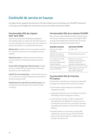 Continuité de service en hausse
Les plates-formes équipées de processeurs Intel Xeon double cœur et de mémoire vive FB-DIMM franchissent
un nouveau seuil de fiabilité, de continuité de service et de facilité d’intervention (RAS).



Fonctionnalités RAS des chipsets                                       Fonctionnalités RAS de la mémoire FB-DIMM
Intel® série 5000                                                      Avec un nouveau tampon AMB (Advanced Memory Buffer) intercalé
Grâce à leurs fonctionnalités RAS (Reliability, Availability &         entre le jeu de composants et la mémoire, la technologie FB-DIMM
Serviceability) intégrées, les chipsets Intel série 5000 assurent un   assure des fonctionnalités RAS qui rendent la plate-forme encore
haut niveau de détection et de correction des erreurs mémoire, une     plus stable et qui contribuent à la continuité de service.
protection des données et une grande facilité d’intervention.
                                                                       Anomalie ou fonction                 Intervention FB-DIMM
Mémoire miroir. Possibilité de scinder et de dupliquer la mémoire      Vérification de l’intégrité          ECC, SDDC et CRC
vive : protection contre les erreurs non corrigibles et les erreurs    des données

de DRAM.                                                               Vérification de l’intégrité de       CRC (Cyclical Redundancy Check)
                                                                       l’adresse et de la commande
Mémoire de réserve. Possibilité de mettre de la mémoire en
                                                                       En cas d’erreur non corrigible       Nouvel essai sur erreur, puis
réserve en prévision d’une éventuelle anomalie sur la portion          sur une transaction                  consignation et poursuite si essai
utilisée.                                                              (sans la technologie FB-DIMM,        concluant ; remontée à l’OS
                                                                       blocage du système)                  uniquement si erreur permanente
Fonction SDCC x8 (Single Device Data Correction). Possibilité
                                                                       Mode passthrough pour tolérance      Même chose en cas d’erreur sur cœur
de retirer un module DRAM de l’image mémoire et de récupérer           de panne AMB (DIMM)                  DRAM ou AMB ; moins si toute
les données sur une nouvelle barrette.                                                                      la puce AMB est défaillante

Code ECC (Error Correcting Code). Le système détecte les erreurs
sur un ou deux bits et corrige automatiquement les premières sur       Fonctionnalités RAS de l’interface
les voies de données internes.                                         PCI Express
                                                                       L’interface PCIe se caractérise par de riches fonctionnalités RAS,
Remplacement des cartes d’E/S sans arrêt du serveur. Ajout
                                                                       essentielles à la continuité de service des E/S et du système :
ou remplacement sans interruption de service (fonctionnalité
« hot plug »).                                                         • Synchronisation horloge intégrée pour les vérifications
                                                                         d’intégrité des données.

                                                                       • Consignation évoluée des erreurs et notification via interface
                                                                         IPMI (Intelligent Platform Management Interface).

                                                                       • La fonctionnalité « hot plug » simplifie le remplacement
                                                                         des périphériques d’E/S défaillants et contribue à raccourcir
                                                                         les interruptions de services tout en permettant l’association
                                                                         de périphériques et systèmes ou châssis d’E/S de fabricants
                                                                         différents.

                                                                       • Possibilité d’enficher sur la carte mère un module RAID
                                                                         ultraperformant, doté du processeur d’E/S Intel® IOP333,
                                                                         prévu pour être relié directement au contrôleur mémoire
                                                                         du chipset via l’interface PCIe.




10
 