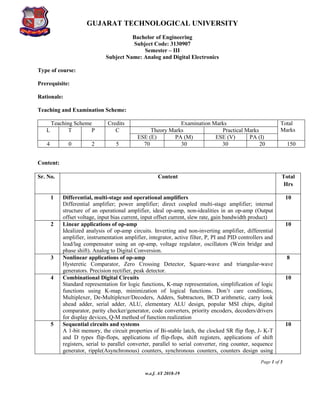 GUJARAT TECHNOLOGICAL UNIVERSITY
Bachelor of Engineering
Subject Code: 3130907
Page 1 of 3
w.e.f. AY 2018-19
Semester – III
Subject Name: Analog and Digital Electronics
Type of course:
Prerequisite:
Rationale:
Teaching and Examination Scheme:
Teaching Scheme Credits Examination Marks Total
MarksL T P C Theory Marks Practical Marks
ESE (E) PA (M) ESE (V) PA (I)
4 0 2 5 70 30 30 20 150
Content:
Sr. No. Content Total
Hrs
1 Differential, multi-stage and operational amplifiers
Differential amplifier; power amplifier; direct coupled multi-stage amplifier; internal
structure of an operational amplifier, ideal op-amp, non-idealities in an op-amp (Output
offset voltage, input bias current, input offset current, slew rate, gain bandwidth product)
10
2 Linear applications of op-amp
Idealized analysis of op-amp circuits. Inverting and non-inverting amplifier, differential
amplifier, instrumentation amplifier, integrator, active filter, P, PI and PID controllers and
lead/lag compensator using an op-amp, voltage regulator, oscillators (Wein bridge and
phase shift). Analog to Digital Conversion.
10
3 Nonlinear applications of op-amp
Hysteretic Comparator, Zero Crossing Detector, Square-wave and triangular-wave
generators. Precision rectifier, peak detector.
8
4 Combinational Digital Circuits
Standard representation for logic functions, K-map representation, simplification of logic
functions using K-map, minimization of logical functions. Don’t care conditions,
Multiplexer, De-Multiplexer/Decoders, Adders, Subtractors, BCD arithmetic, carry look
ahead adder, serial adder, ALU, elementary ALU design, popular MSI chips, digital
comparator, parity checker/generator, code converters, priority encoders, decoders/drivers
for display devices, Q-M method of function realization
10
5 Sequential circuits and systems
A 1-bit memory, the circuit properties of Bi-stable latch, the clocked SR flip flop, J- K-T
and D types flip-flops, applications of flip-flops, shift registers, applications of shift
registers, serial to parallel converter, parallel to serial converter, ring counter, sequence
generator, ripple(Asynchronous) counters, synchronous counters, counters design using
10
 