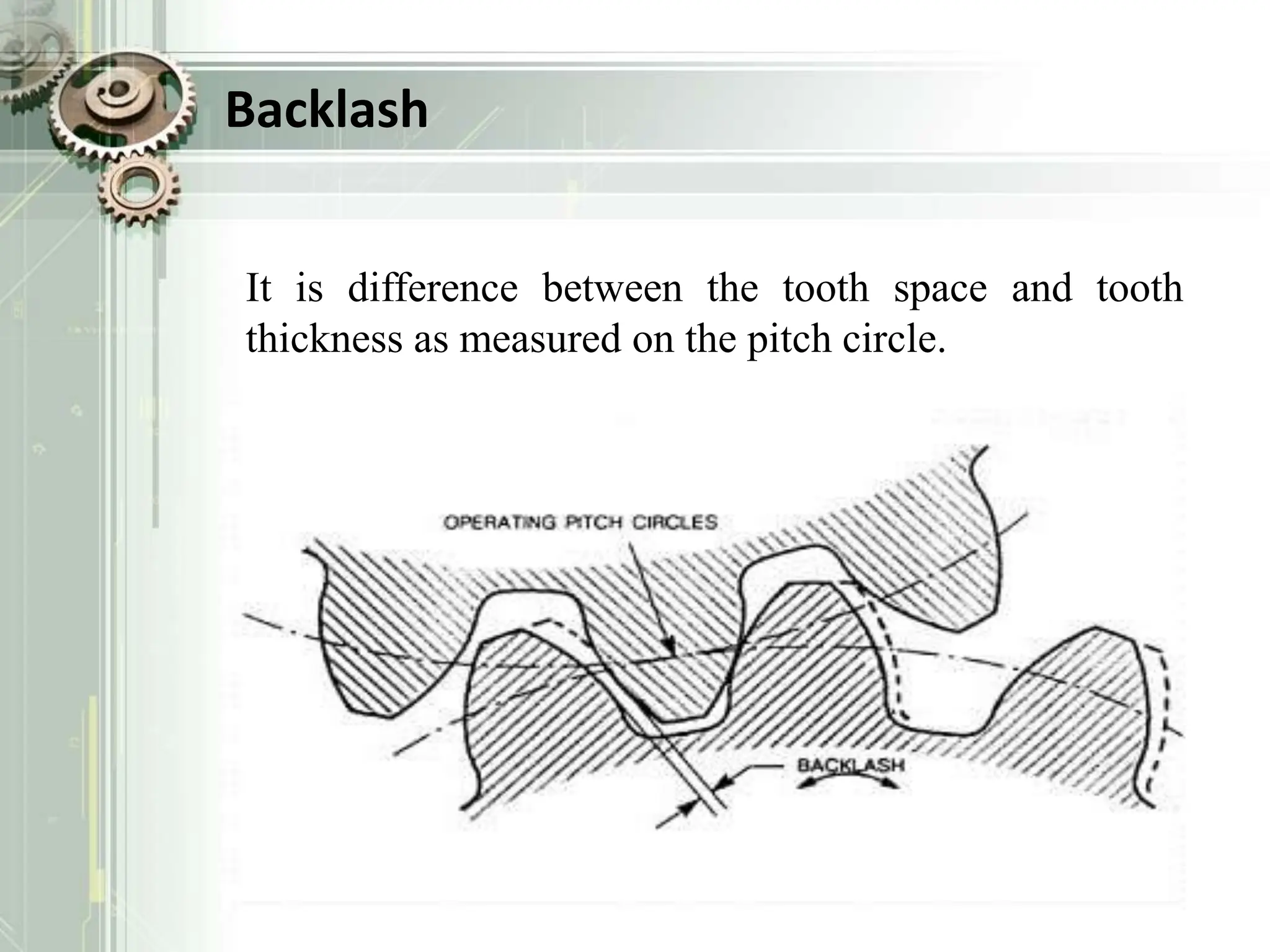 Backlash
It is difference between the tooth space and tooth
thickness as measured on the pitch circle.
 