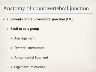 Anatomy of craniovertebral junction
✤ Ligaments of craniovertebral junction (CVJ)
✤ Skull to axis group
✤ Alar ligament
✤ Tectorial membrane
✤ Apical dental ligament
✤ Ligamentum nuchae
 