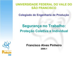 UNIVERSIDADE FEDERAL DO VALE DO
         SÃO FRANCISCO

 Colegiado de Engenharia de Produção



   Segurança no Trabalho:
  Proteção Coletiva e Individual



      Francisco Alves Pinheiro
                2009.1
 