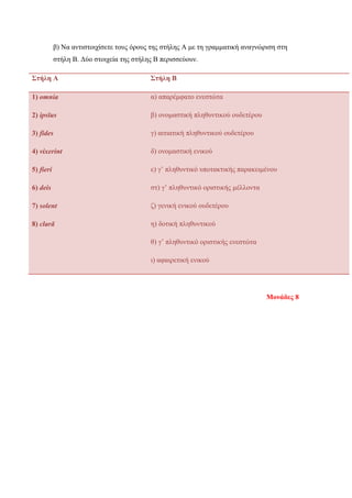7
β) Να αντιστοιχίσετε τους όρους της στήλης Α με τη γραμματική αναγνώριση στη
στήλη Β. Δύο στοιχεία της στήλης Β περισσεύουν.
Στήλη Α Στήλη Β
1) omnia
2) ipsīus
3) fides
4) vixerint
5) fieri
6) deis
7) solent
8) clarā
α) απαρέμφατο ενεστώτα
β) ονομαστική πληθυντικού ουδετέρου
γ) αιτιατική πληθυντικού ουδετέρου
δ) ονομαστική ενικού
ε) γ’ πληθυντικό υποτακτικής παρακειμένου
στ) γ’ πληθυντικό οριστικής μέλλοντα
ζ) γενική ενικού ουδετέρου
η) δοτική πληθυντικού
θ) γ’ πληθυντικό οριστικής ενεστώτα
ι) αφαιρετική ενικού
Μονάδες 8
 