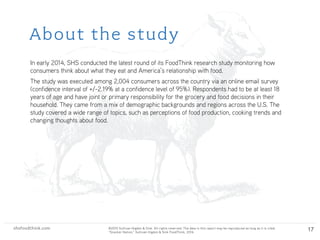 shsfoodthink.com ©2015 Sullivan Higdon & Sink. All rights reserved. The data in this report may be reproduced as long as it is cited:
“Motivated Meal Planning,” Sullivan Higdon & Sink FoodThink, 2014.
shsfoodthink.com ©2015 Sullivan Higdon & Sink. All rights reserved. The data in this report may be reproduced as long as it is cited:
“Snacker Nation,” Sullivan Higdon & Sink FoodThink, 2014.
About the study
17
In early 2014, SHS conducted the latest round of its FoodThink research study monitoring how
consumers think about what they eat and America’s relationship with food.
The study was executed among 2,004 consumers across the country via an online email survey  
(confidence interval of +/-2.19% at a confidence level of 95%). Respondents had to be at least 18
years of age and have joint or primary responsibility for the grocery and food decisions in their
household. They came from a mix of demographic backgrounds and regions across the U.S. The
study covered a wide range of topics, such as perceptions of food production, cooking trends and
changing thoughts about food.
 