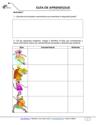 www.villaeduca.cl – VillaEduca® - Crecer. Educar. Innovar – consultas@villaeduca.cl – Historia 3º BÁSICO 3
Actividad 1
1.- ¿Describe las principales características que presentaba la religiosidad griega?
2.- De las siguientes imágenes, indaga e identifica al Dios que corresponde y
busca información sobre sus características principales y atributos que presenta.
Dios Características Atributos
 