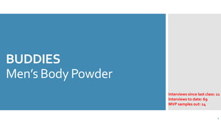 BUDDIES
Men’s Body Powder
1
Interviews since last class: 11
Interviews to date: 69
MVP samples out: 14
 