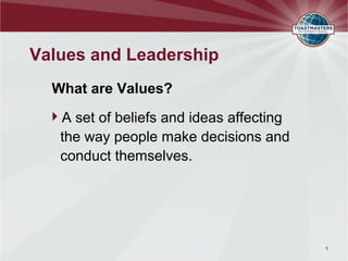 Values and Leadership
What are Values?
A set of beliefs and ideas affecting
the way people make decisions and
conduct themselves.
1