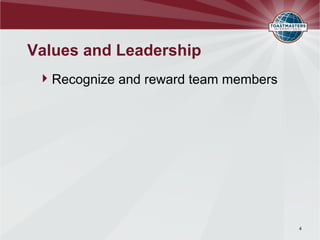 Values and Leadership
Recognize and reward team members
4