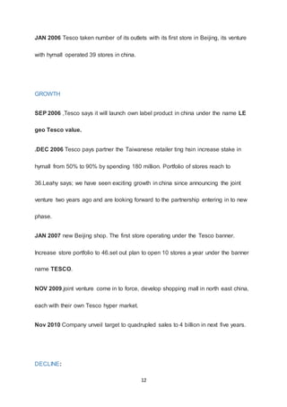 12
JAN 2006 Tesco taken number of its outlets with its first store in Beijing, its venture
with hymall operated 39 stores in china.
GROWTH
SEP 2006 ,Tesco says it will launch own label product in china under the name LE
geo Tesco value.
.DEC 2006 Tesco pays partner the Taiwanese retailer ting hsin increase stake in
hymall from 50% to 90% by spending 180 million. Portfolio of stores reach to
36.Leahy says; we have seen exciting growth in china since announcing the joint
venture two years ago and are looking forward to the partnership entering in to new
phase.
JAN 2007 new Beijing shop. The first store operating under the Tesco banner.
Increase store portfolio to 46.set out plan to open 10 stores a year under the banner
name TESCO.
NOV 2009.joint venture come in to force, develop shopping mall in north east china,
each with their own Tesco hyper market.
Nov 2010 Company unveil target to quadrupled sales to 4 billion in next five years.
DECLINE:
 
