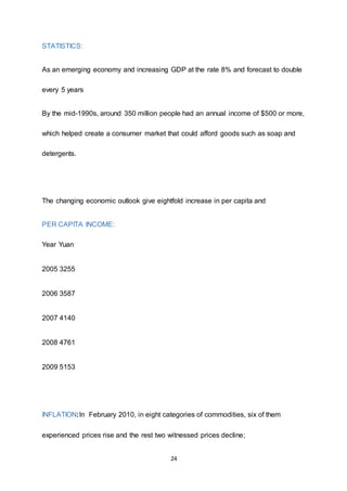 24
STATISTICS:
As an emerging economy and increasing GDP at the rate 8% and forecast to double
every 5 years
By the mid-1990s, around 350 million people had an annual income of $500 or more,
which helped create a consumer market that could afford goods such as soap and
detergents.
The changing economic outlook give eightfold increase in per capita and
PER CAPITA INCOME:
Year Yuan
2005 3255
2006 3587
2007 4140
2008 4761
2009 5153
INFLATION:In February 2010, in eight categories of commodities, six of them
experienced prices rise and the rest two witnessed prices decline;
 