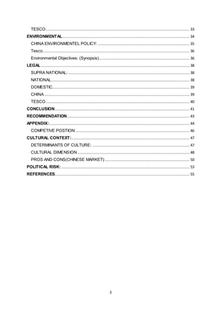 3
TESCO................................................................................................................................. 33
ENVIRONMENTAL.................................................................................................................. 34
CHINA ENVIRONMENTEL POLICY: .................................................................................. 35
Tesco.................................................................................................................................... 36
Environmental Objectives: (Synopsis)................................................................................. 36
LEGAL ..................................................................................................................................... 38
SUPRA NATIONAL:............................................................................................................. 38
NATIONAL............................................................................................................................ 38
DOMESTIC........................................................................................................................... 39
CHINA .................................................................................................................................. 39
TESCO................................................................................................................................. 40
CONCLUSION......................................................................................................................... 41
RECOMMENDATION.............................................................................................................. 43
APPENDIX:.............................................................................................................................. 44
COMPETIVE POSTION:...................................................................................................... 46
CULTURAL CONTEXT:.......................................................................................................... 47
DETERMINANTS OF CULTURE: ....................................................................................... 47
CULTURAL DIMENSION..................................................................................................... 48
PROS AND CONS(CHINESE MARKET) ............................................................................ 50
POLITICAL RISK:................................................................................................................... 53
REFERENCES......................................................................................................................... 55
 