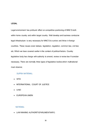 38
LEGAL
Legal environment has profound effect on competitive positioning of MNC’S.both
within home country and within target country. Well develop and business conducive
legal infrastructure is very necessary for MNC’S to survive and thrive in foreign
countries. These issues cover statues, legislation, regulation, common law, civil law
etc. Which we have covered earlier in the context of political factors. Country
legislative body has charge with authority to amend, review or revise law if consider
necessary. There are normally three types of legislative bodies which multinational
must observe;
SUPRA NATIONAL:
 WTO
 INTERNATIONAL COURT OF JUSTICE
 U.NO
 EUROPEAN UNION
NATIONAL
 LAW MAKING AUTHORITY(PARLIMENTIARY)
 