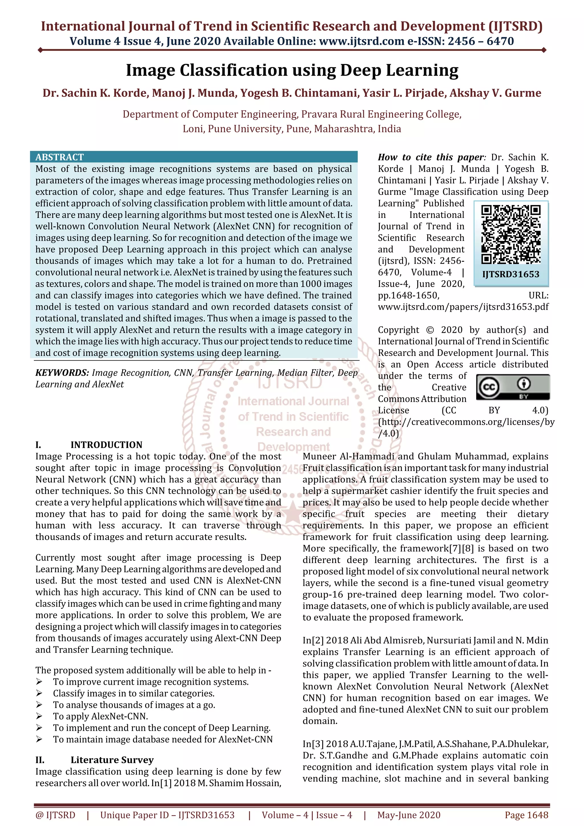 Image Classification using Deep Learning | PDF