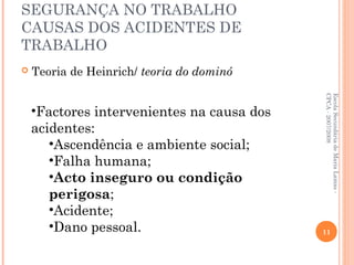 SEGURANÇA NO TRABALHO
CAUSAS DOS ACIDENTES DE
TRABALHO
 Teoria de Heinrich/ teoria do dominó
EscolaSecundáriadeMariaLamas-
CPCA-2007/2008
•Factores intervenientes na causa dos
acidentes:
•Ascendência e ambiente social;
•Falha humana;
•Acto inseguro ou condição
perigosa;
•Acidente;
•Dano pessoal. 11
 
