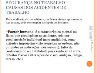 SEGURANÇA NO TRABALHO
CAUSAS DOS ACIDENTES DE
TRABALHO
Uma avaliação de um acidente, tendo em vista o apuramento
das causas, pode contemplar os seguintes factores:
Factor humano: é a característica mental ou
física que predispõem ao acidente, seja por
predisposição individual (personalidade), como
atitudes impróprias (não respeitar as ordens, não
entender as indicações, nervosismo), falta de
conhecimento ou habilidade para realizar a tarefa,
defeitos físicos (alterações de visão, audição, fadiga,
stress, etc.).
EscolaSecundáriadeMariaLamas-
CPCA-2007/2008
15
 