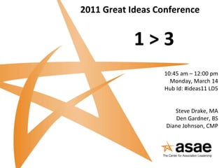 2011 Great Ideas Conference 1 > 3 10:45 am – 12:00 pm Monday, March 14 Hub Id: #ideas11 LD5 Steve Drake, MA Den Gardner, BS Diane Johnson, CMP 