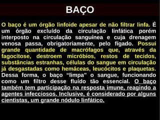 O baço é um órgão linfoide apesar de não filtrar linfa. É
um órgão excluído da circulação linfática porém
interposto na circulação sanguínea e cuja drenagem
venosa passa, obrigatoriamente, pelo fígado. Possui
grande quantidade de macrófagos que, através da
fagocitose, destroem micróbios, restos de tecidos,
substâncias estranhas, células do sangue em circulação
já desgastadas como hemáceas, leucócitos e plaquetas.
Dessa forma, o baço “limpa” o sangue, funcionando
como um filtro desse fluído tão essencial. O baço
também tem participação na resposta imune, reagindo a
agentes infecciosos. Inclusive, é considerado por alguns
cientistas, um grande nódulo linfático.
BAÇO
 