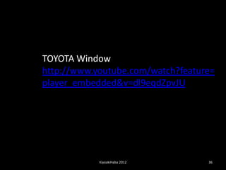 TOYOTA Window
http://www.youtube.com/watch?feature=
player_embedded&v=dl9eqdZpvJU




            KiyoakiHaba 2012       36
 
