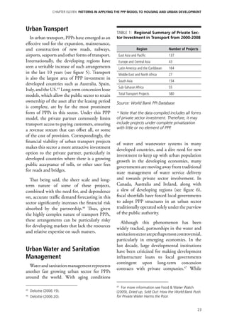 Chapter ELEVEN PATTERNS IN APPLYING THE PPP MODEL TO HOUSING AND URBAN DEVELOPMENT




Urban Transport                                       Table 1: Regional Summary of Private Sec-
   In urban transport, PPPs have emerged as an        tor Investment in Transport from 2000-2008
effective tool for the expansion, maintenance,
and construction of new roads, railways,                             Region              Number of Projects
airports, seaports and other forms of transport.       East Asia and Pacific             137
Internationally, the developing regions have           Europe and Central Asia           43
seen a veritable increase of such arrangements         Latin America and the Caribbean   164
in the last 10 years (see figure 5). Transport         Middle East and North Africa      27
is also the largest area of PPP investment in
                                                       South Asia                        154
developed countries such as Australia, Spain,
                                                       Sub-Saharan Africa                55
Italy, and the US.45 Long-term concession lease
models, which allow the public sector to retain        Total Transport Projects          580

ownership of the asset after the leasing period       Source: World Bank PPI Database
is complete, are by far the most prominent
form of PPPs in this sector. Under this PPP           * Note that the data compiled includes all forms
model, the private partner commonly limits            of private sector investment. Therefore, it may
transport access to paying customers, ensuring        include projects under complete privatization
                                                      with little or no element of PPP.
a revenue stream that can offset all, or some
of the cost of provision. Correspondingly, the
financial viability of urban transport projects
                                                      of water and wastewater systems in many
makes this sector a more attractive investment
                                                      developed countries, and a dire need for new
option to the private partner, particularly in
                                                      investment to keep up with urban population
developed countries where there is a growing
                                                      growth in the developing economies, many
public acceptance of tolls, or other user fees
                                                      governments are moving away from traditional
for roads and bridges.
                                                      state management of water service delivery
  That being said, the sheer scale and long-          and towards private sector involvement. In
term nature of some of these projects,                Canada, Australia and Ireland, along with
combined with the need for, and dependence            a slew of developing regions (see figure 6),
on, accurate traffic demand forecasting in this       fiscal shortfalls have forced local governments
sector significantly increases the financial risk     to adopt PPP structures in an urban sector
absorbed by the partnership.46 Thus, given            traditionally operated solely under the purview
the highly complex nature of transport PPPs,          of the public authority.
these arrangements can be particularly risky
                                                        Although this phenomenon has been
for developing markets that lack the resources
                                                      widely tracked, partnerships in the water and
and relative expertise on such matters.
                                                      sanitation sector are perhaps most controversial,
                                                      particularly in emerging economies. In the
                                                      last decade, large developmental institutions
Urban Water and Sanitation                            have been criticized for making development
Management                                            infrastructure loans to local governments
                                                      contingent upon long-term concession
  Water and sanitation management represents
                                                      contracts with private companies.47 While
another fast growing urban sector for PPPs
around the world. With aging conditions
                                                      47
                                                         For more information see Food & Water Watch
45
     Deloitte (2006:19).                              (2009), Dried up, Sold Out: How the World Bank Push
46
     Deloitte (2006:20).                              for Private Water Harms the Poor.


                                                                                                          23
 
