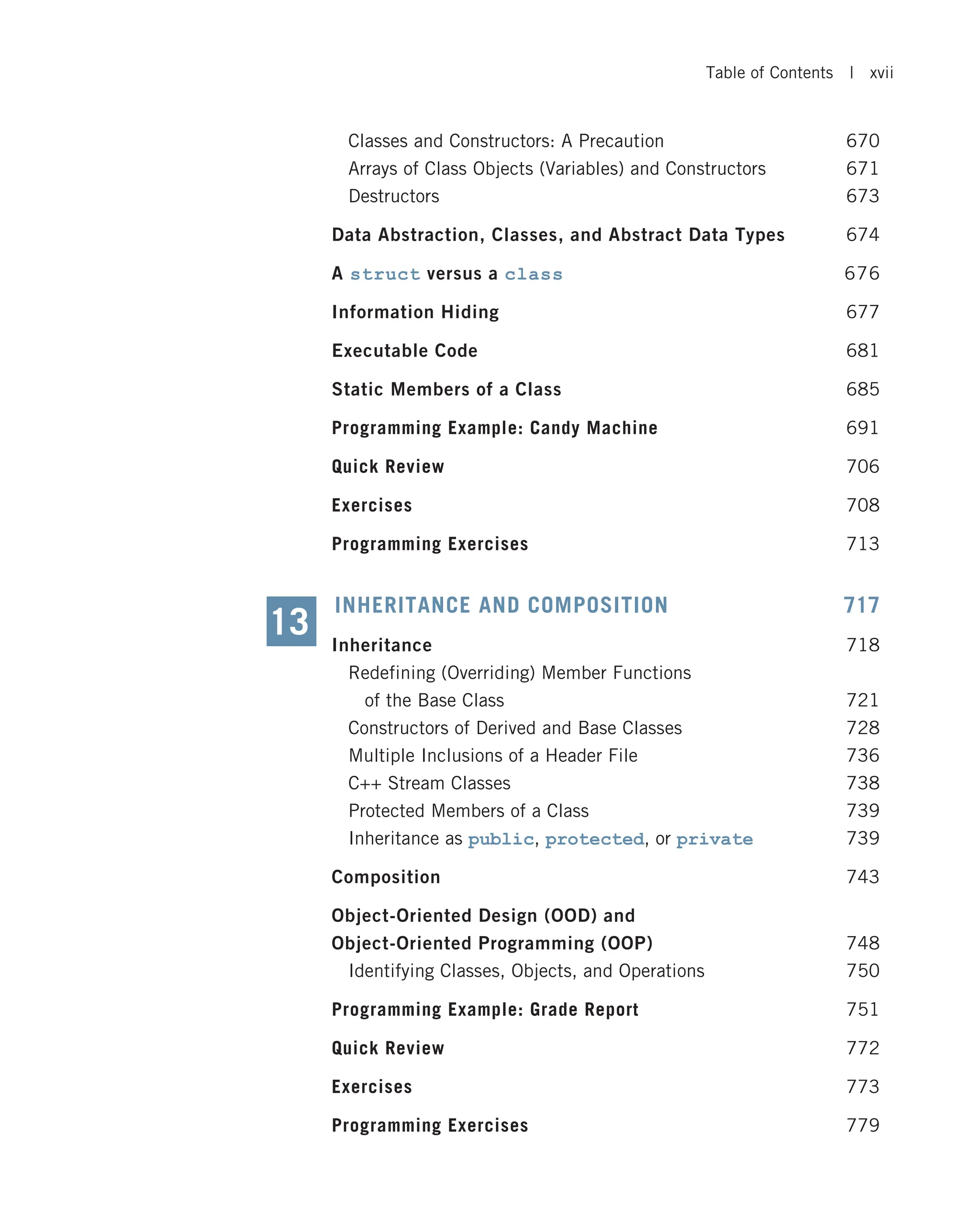 Classes and Constructors: A Precaution 670 Arrays of Class Objects (Variables) and Constructors 671 Destructors 673 Data Abstraction, Classes, and Abstract Data Types 674 A struct versus a class 676 Information Hiding 677 Executable Code 681 Static Members of a Class 685 Programming Example: Candy Machine 691 Quick Review 706 Exercises 708 Programming Exercises 713 INHERITANCE AND COMPOSITION 717 Inheritance 718 Redefining (Overriding) Member Functions of the Base Class 721 Constructors of Derived and Base Classes 728 Multiple Inclusions of a Header File 736 C++ Stream Classes 738 Protected Members of a Class 739 Inheritance as public, protected, or private 739 Composition 743 Object-Oriented Design (OOD) and Object-Oriented Programming (OOP) 748 Identifying Classes, Objects, and Operations 750 Programming Example: Grade Report 751 Quick Review 772 Exercises 773 Programming Exercises 779 13 Table of Contents | xvii 