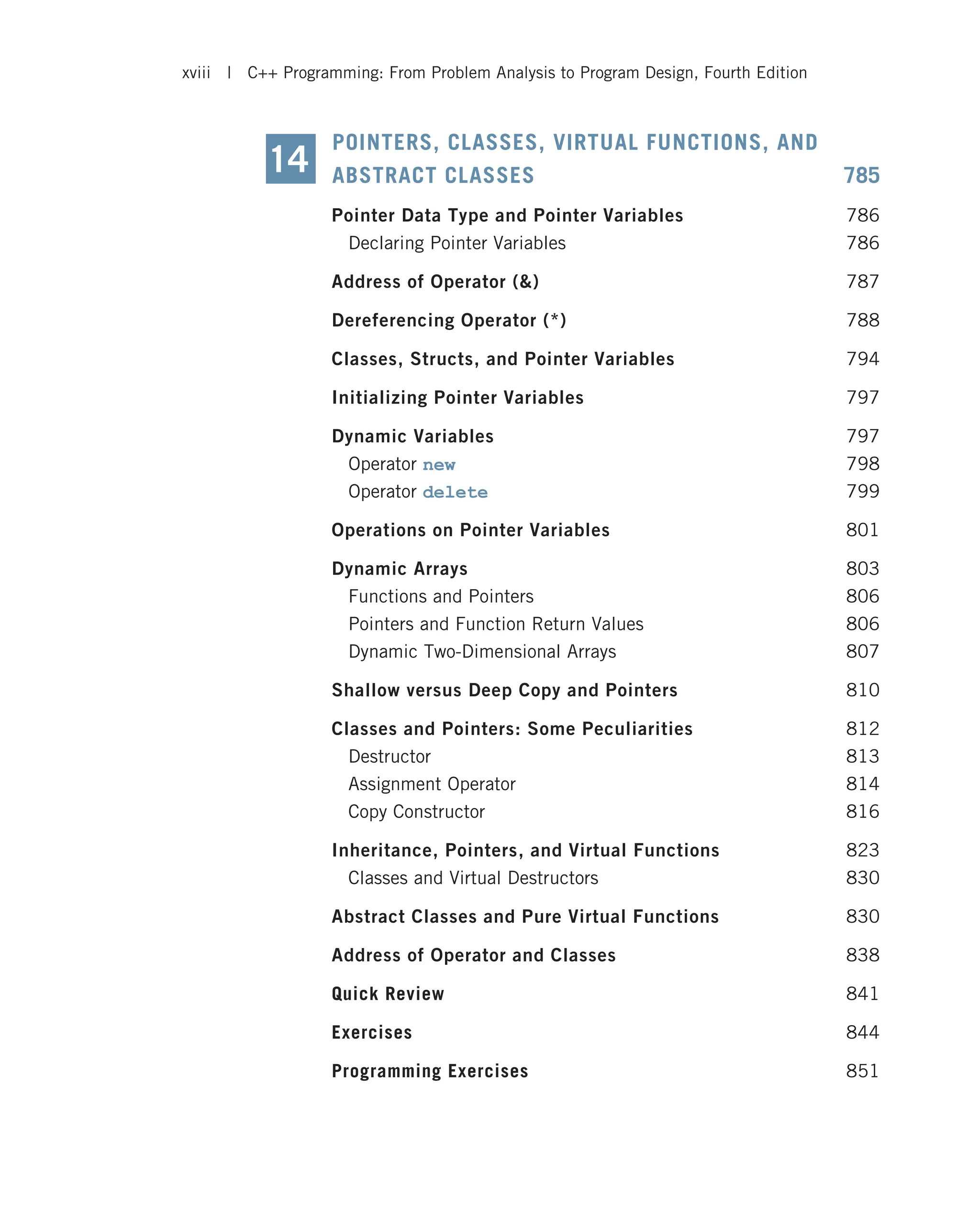 POINTERS, CLASSES, VIRTUAL FUNCTIONS, AND ABSTRACT CLASSES 785 Pointer Data Type and Pointer Variables 786 Declaring Pointer Variables 786 Address of Operator () 787 Dereferencing Operator (*) 788 Classes, Structs, and Pointer Variables 794 Initializing Pointer Variables 797 Dynamic Variables 797 Operator new 798 Operator delete 799 Operations on Pointer Variables 801 Dynamic Arrays 803 Functions and Pointers 806 Pointers and Function Return Values 806 Dynamic Two-Dimensional Arrays 807 Shallow versus Deep Copy and Pointers 810 Classes and Pointers: Some Peculiarities 812 Destructor 813 Assignment Operator 814 Copy Constructor 816 Inheritance, Pointers, and Virtual Functions 823 Classes and Virtual Destructors 830 Abstract Classes and Pure Virtual Functions 830 Address of Operator and Classes 838 Quick Review 841 Exercises 844 Programming Exercises 851 14 xviii | C++ Programming: From Problem Analysis to Program Design, Fourth Edition 