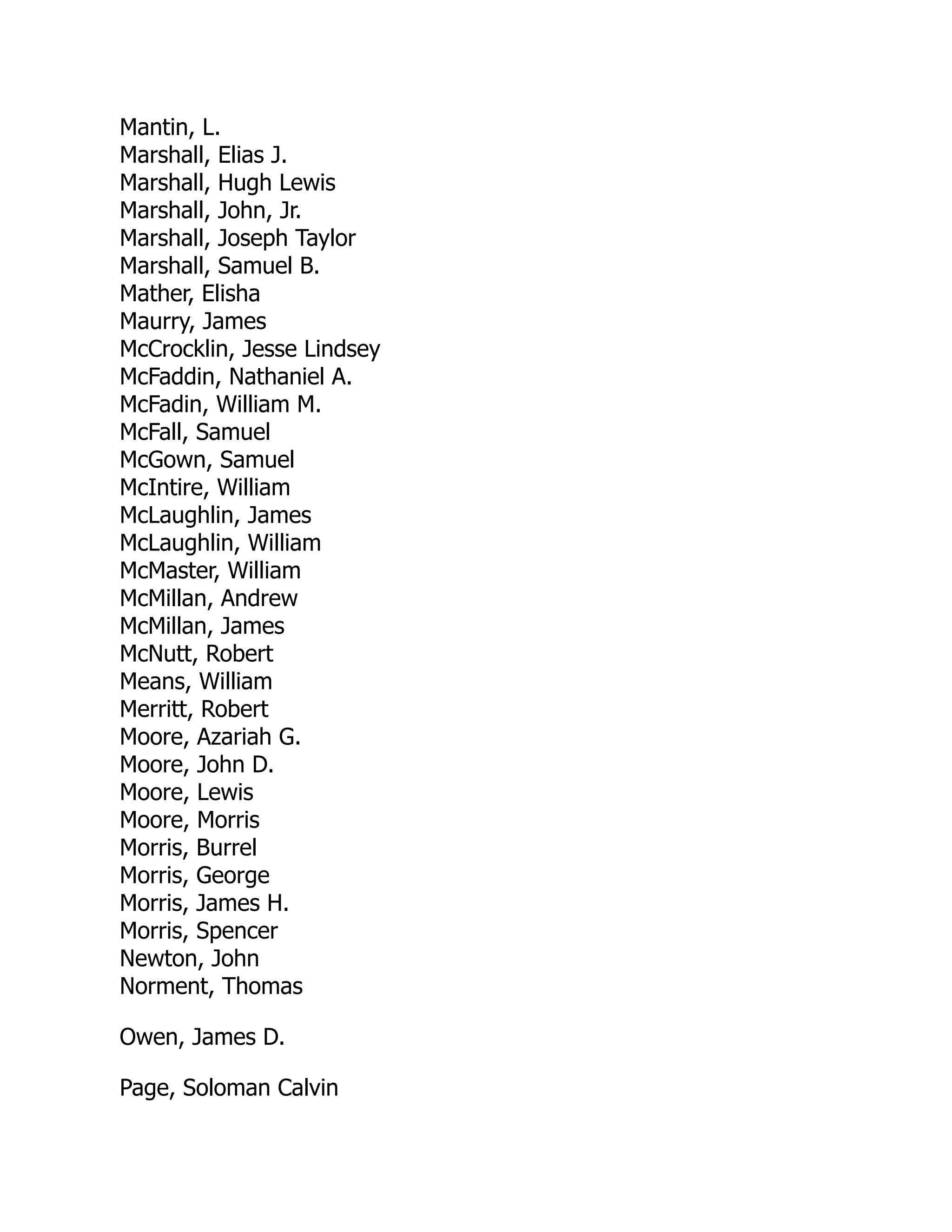 Mantin, L. Marshall, Elias J. Marshall, Hugh Lewis Marshall, John, Jr. Marshall, Joseph Taylor Marshall, Samuel B. Mather, Elisha Maurry, James McCrocklin, Jesse Lindsey McFaddin, Nathaniel A. McFadin, William M. McFall, Samuel McGown, Samuel McIntire, William McLaughlin, James McLaughlin, William McMaster, William McMillan, Andrew McMillan, James McNutt, Robert Means, William Merritt, Robert Moore, Azariah G. Moore, John D. Moore, Lewis Moore, Morris Morris, Burrel Morris, George Morris, James H. Morris, Spencer Newton, John Norment, Thomas Owen, James D. Page, Soloman Calvin 