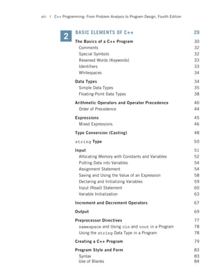 BASIC ELEMENTS OF C++ 29
The Basics of a C++ Program 30
Comments 32
Special Symbols 32
Reserved Words (Keywords) 33
Identifiers 33
Whitespaces 34
Data Types 34
Simple Data Types 35
Floating-Point Data Types 38
Arithmetic Operators and Operator Precedence 40
Order of Precedence 44
Expressions 45
Mixed Expressions 46
Type Conversion (Casting) 48
string Type 50
Input 51
Allocating Memory with Constants and Variables 52
Putting Data into Variables 54
Assignment Statement 54
Saving and Using the Value of an Expression 58
Declaring and Initializing Variables 59
Input (Read) Statement 60
Variable Initialization 63
Increment and Decrement Operators 67
Output 69
Preprocessor Directives 77
namespace and Using cin and cout in a Program 78
Using the string Data Type in a Program 78
Creating a C++ Program 79
Program Style and Form 83
Syntax 83
2
Use of Blanks 84
viii | C++ Programming: From Problem Analysis to Program Design, Fourth Edition
 