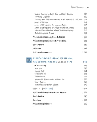 Largest Element in Each Row and Each Column 508
Reversing Diagonal 509
Passing Two-Dimensional Arrays as Parameters to Functions 511
Arrays of Strings 514
Arrays of Strings and the string Type 514
Arrays of Strings and C-Strings (Character Arrays) 515
Another Way to Declare a Two-Dimensional Array 516
Multidimensional Arrays 517
Programming Example: Code Detection 518
Programming Example: Text Processing 525
Quick Review 532
Exercises 534
Programming Exercises 539
APPLICATIONS OF ARRAYS (SEARCHING
AND SORTING) AND THE vector TYPE 545
List Processing 546
Searching 546
Bubble Sort 551
Selection Sort 555
Insertion Sort 559
Sequential Search on an Ordered List 566
Binary Search 569
Performance of Binary Search 572
vector Type (class) 574
Programming Example: Election Results 579
Quick Review 595
Exercises 597
Programming Exercises 600
10
Table of Contents | xv
 