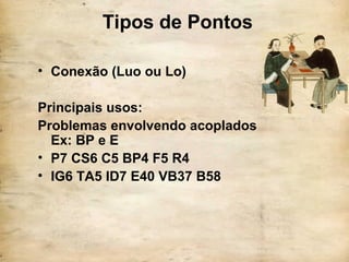 Tipos de Pontos
• Conexão (Luo ou Lo)
Principais usos:
Problemas envolvendo acoplados
Ex: BP e E
• P7 CS6 C5 BP4 F5 R4
• IG6 TA5 ID7 E40 VB37 B58
 
