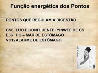 Função energética dos Pontos
PONTOS QUE REGULAM A DIGESTÃO
CS6 LUO E CONFLUENTE (YINWEI) DE CS
E36 HO – MAR DE ESTÔMAGO
VC12ALARME DE ESTÔMAGO
 