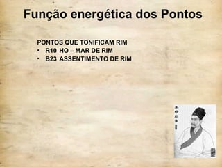 Função energética dos Pontos
PONTOS QUE TONIFICAM RIM
• R10 HO – MAR DE RIM
• B23 ASSENTIMENTO DE RIM
 