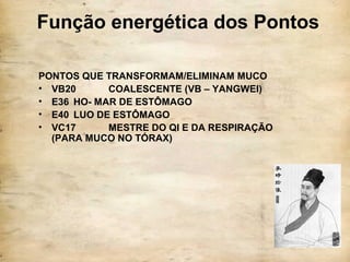 Função energética dos Pontos
PONTOS QUE TRANSFORMAM/ELIMINAM MUCO
• VB20 COALESCENTE (VB – YANGWEI)
• E36 HO- MAR DE ESTÔMAGO
• E40 LUO DE ESTÔMAGO
• VC17 MESTRE DO QI E DA RESPIRAÇÃO
(PARA MUCO NO TÓRAX)
 