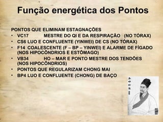 Função energética dos Pontos
PONTOS QUE ELIMINAM ESTAGNAÇÕES
• VC17 MESTRE DO QI E DA RESPIRAÇÃO (NO TÓRAX)
• CS6 LUO E CONFLUENTE (YINWEI) DE CS (NO TÓRAX)
• F14 COALESCENTE (F – BP – YINWEI) E ALARME DE FÍGADO
(NOS HIPOCÔNDRIOS E ESTÔMAGO)
• VB34 HO – MAR E PONTO MESTRE DOS TENDÕES
(NOS HIPOCÔNDRIOS)
• PONTOS QUE REGULARIZAM CHONG MAI
• BP4 LUO E CONFLUENTE (CHONG) DE BAÇO
 