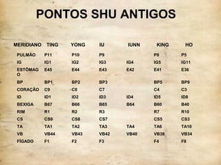 PONTOS SHU ANTIGOS
MERIDIANO TING YONG IU IUNN KING HO
PULMÃO P11 P10 P9 P8 P5
IG IG1 IG2 IG3 IG4 IG5 IG11
ESTÔMAG
O
E45 E44 E43 E42 E41 E36
BP BP1 BP2 BP3 BP5 BP9
CORAÇÃO C9 C8 C7 C4 C3
ID ID1 ID2 ID3 ID4 ID5 ID8
BEXIGA B67 B66 B65 B64 B60 B40
RIM R1 R2 R3 R7 R10
CS CS9 CS8 CS7 CS5 CS3
TA TA1 TA2 TA3 TA4 TA6 TA10
VB VB44 VB43 VB42 VB40 VB38 VB34
FÍGADO F1 F2 F3 F4 F8
 