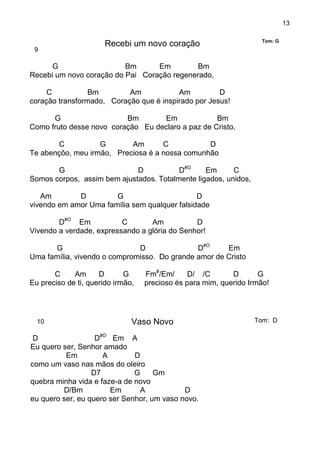 13
9
Recebi um novo coração Tom: G
G Bm Em Bm
Recebi um novo coração do Pai Coração regenerado,
C Bm Am Am D
coração transformado, Coração que é inspirado por Jesus!
G Bm Em Bm
Como fruto desse novo coração Eu declaro a paz de Cristo,
C G Am C D
Te abençôo, meu irmão, Preciosa é a nossa comunhão
G D D#O
Em C
Somos corpos, assim bem ajustados. Totalmente ligados, unidos,
Am D G D
vivendo em amor Uma família sem qualquer falsidade
D#O
Em C Am D
Vivendo a verdade, expressando a glória do Senhor!
G D D#O
Em
Uma família, vivendo o compromisso. Do grande amor de Cristo
C Am D G Fm#
/Em/ D/ /C D G
Eu preciso de ti, querido irmão, precioso és para mim, querido Irmão!
10 Vaso Novo Tom: D
D D#O
Em A
Eu quero ser, Senhor amado
Em A D
como um vaso nas mãos do oleiro
D7 G Gm
quebra minha vida e faze-a de novo
D/Bm Em A D
eu quero ser, eu quero ser Senhor, um vaso novo.
 