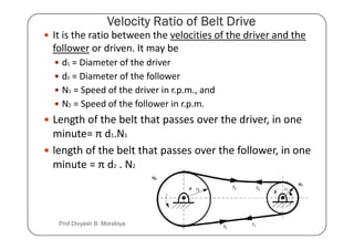 It is the ratio between the velocities of the driver and the
follower or driven. It may be
d1 = Diameter of the driver
d2 = Diameter of the follower
N1 = Speed of the driver in r.p.m., and
N2 = Speed of the follower in r.p.m.
Length of the belt that passes over the driver, in one
Length of the belt that passes over the driver, in one
minute= π d1.N1
length of the belt that passes over the follower, in one
minute = π d2 . N2
Prof Divyesh B. Morabiya
 