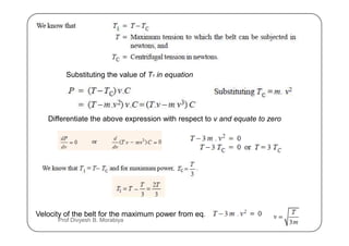 Substituting the value of T1 in equation
Differentiate the above expression with respect to v and equate to zero
Velocity of the belt for the maximum power from eq.
Prof Divyesh B. Morabiya
 